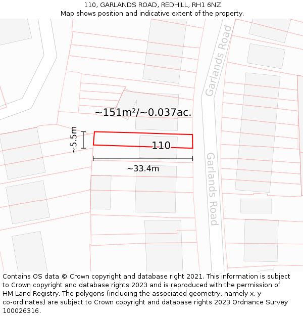 110, GARLANDS ROAD, REDHILL, RH1 6NZ: Plot and title map