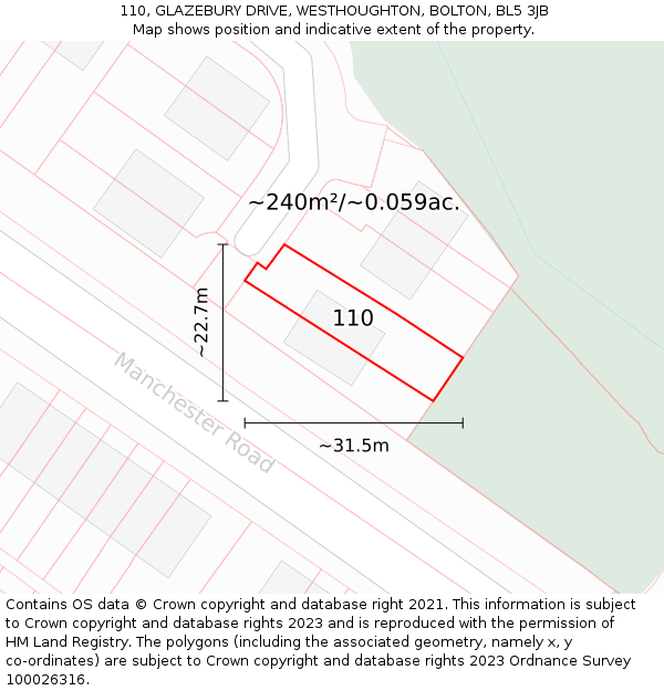 110, GLAZEBURY DRIVE, WESTHOUGHTON, BOLTON, BL5 3JB: Plot and title map