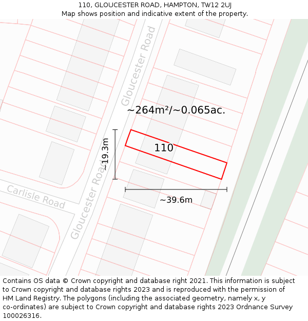 110, GLOUCESTER ROAD, HAMPTON, TW12 2UJ: Plot and title map