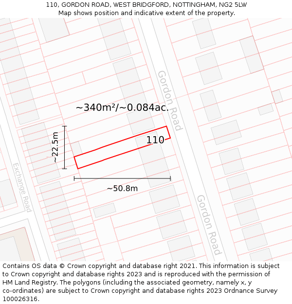 110, GORDON ROAD, WEST BRIDGFORD, NOTTINGHAM, NG2 5LW: Plot and title map