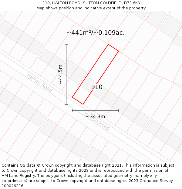 110, HALTON ROAD, SUTTON COLDFIELD, B73 6NY: Plot and title map