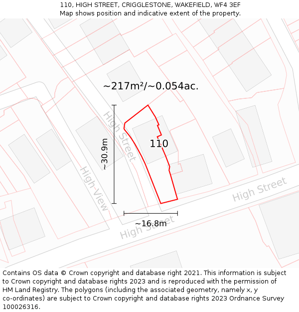 110, HIGH STREET, CRIGGLESTONE, WAKEFIELD, WF4 3EF: Plot and title map