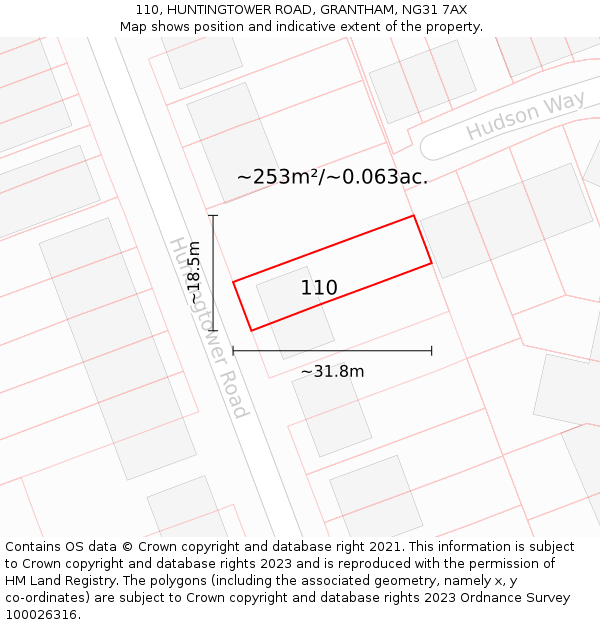 110, HUNTINGTOWER ROAD, GRANTHAM, NG31 7AX: Plot and title map