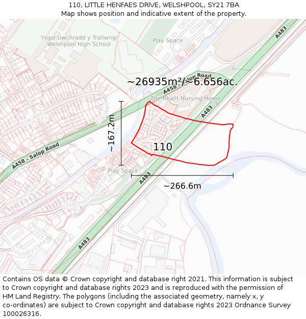 110, LITTLE HENFAES DRIVE, WELSHPOOL, SY21 7BA: Plot and title map