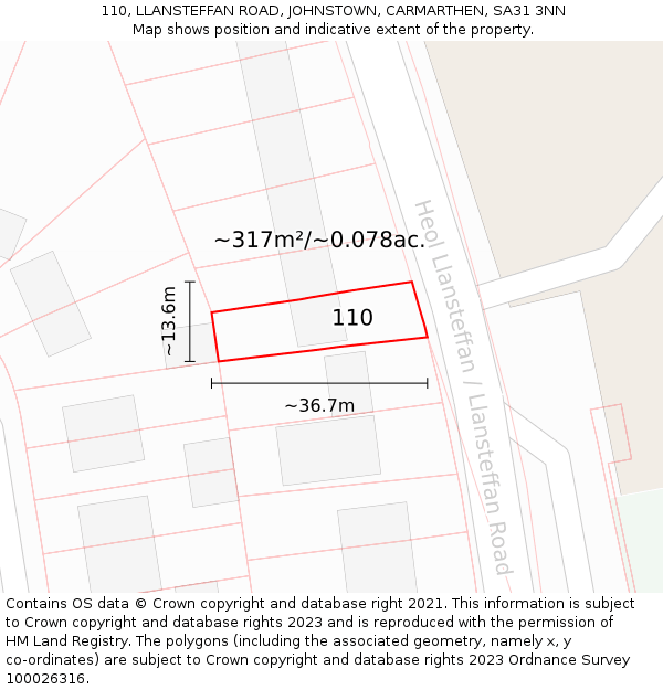 110, LLANSTEFFAN ROAD, JOHNSTOWN, CARMARTHEN, SA31 3NN: Plot and title map