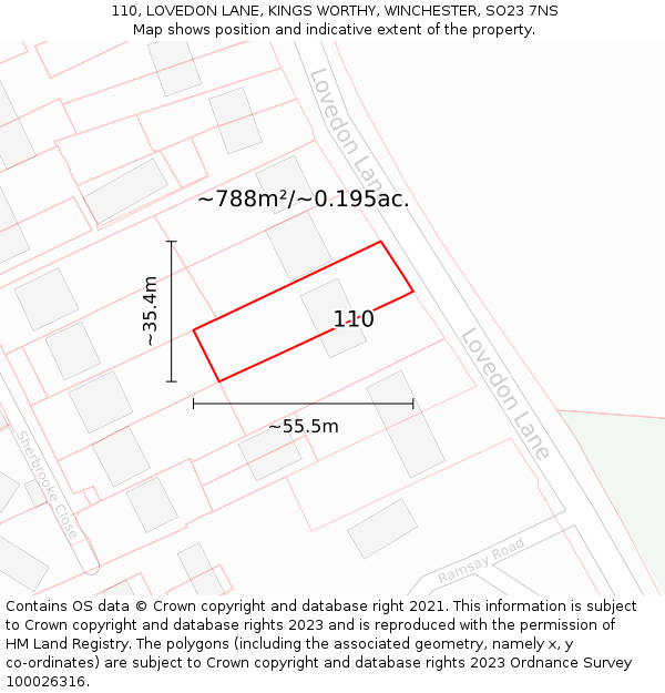 110, LOVEDON LANE, KINGS WORTHY, WINCHESTER, SO23 7NS: Plot and title map