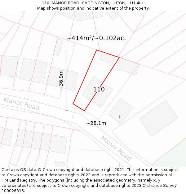 110, MANOR ROAD, CADDINGTON, LUTON, LU1 4HH: Plot and title map