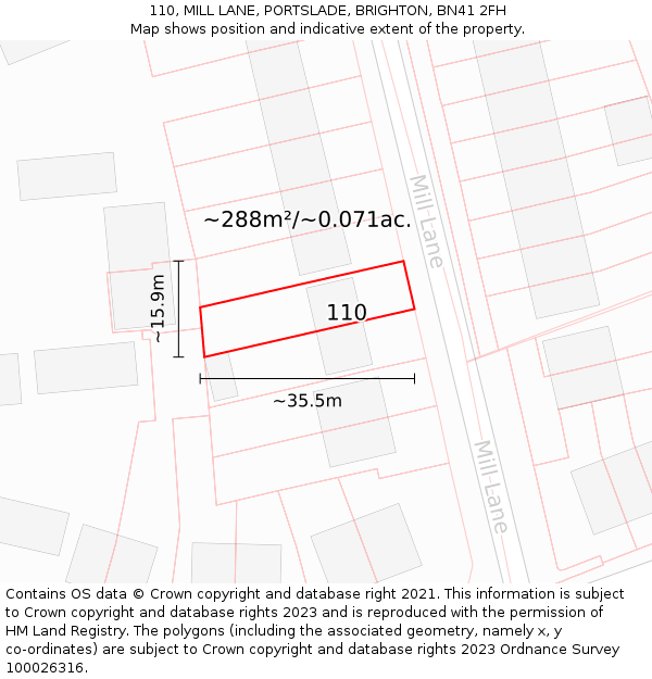 110, MILL LANE, PORTSLADE, BRIGHTON, BN41 2FH: Plot and title map