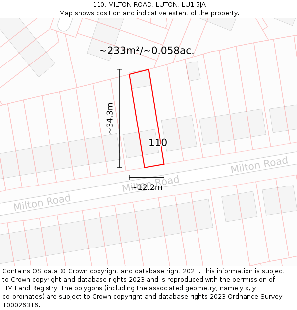 110, MILTON ROAD, LUTON, LU1 5JA: Plot and title map