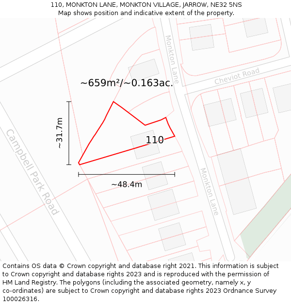 110, MONKTON LANE, MONKTON VILLAGE, JARROW, NE32 5NS: Plot and title map