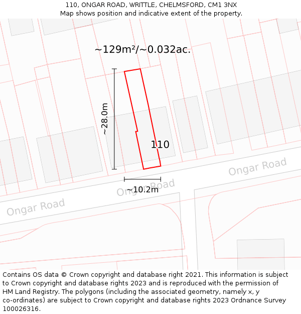 110, ONGAR ROAD, WRITTLE, CHELMSFORD, CM1 3NX: Plot and title map