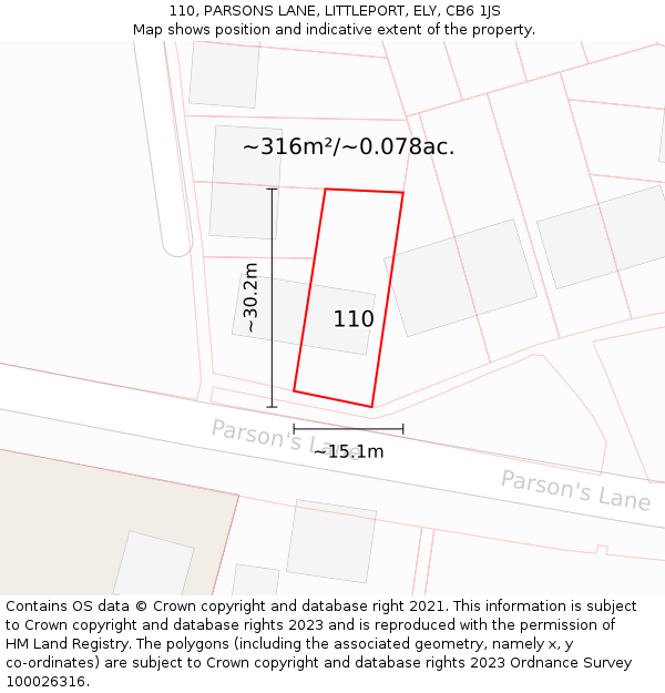 110, PARSONS LANE, LITTLEPORT, ELY, CB6 1JS: Plot and title map