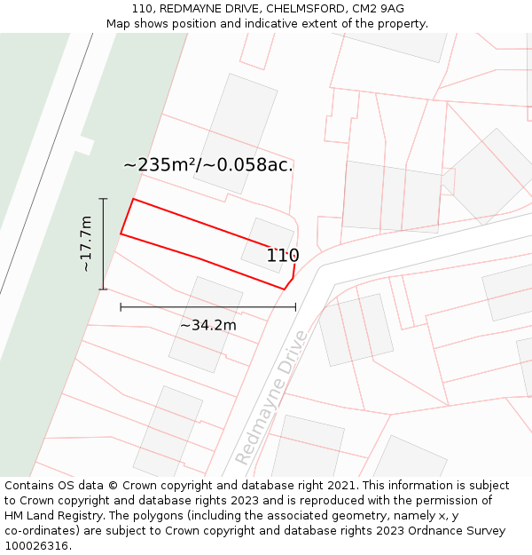 110, REDMAYNE DRIVE, CHELMSFORD, CM2 9AG: Plot and title map