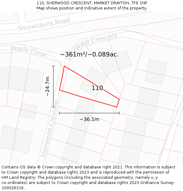 110, SHERWOOD CRESCENT, MARKET DRAYTON, TF9 1NP: Plot and title map