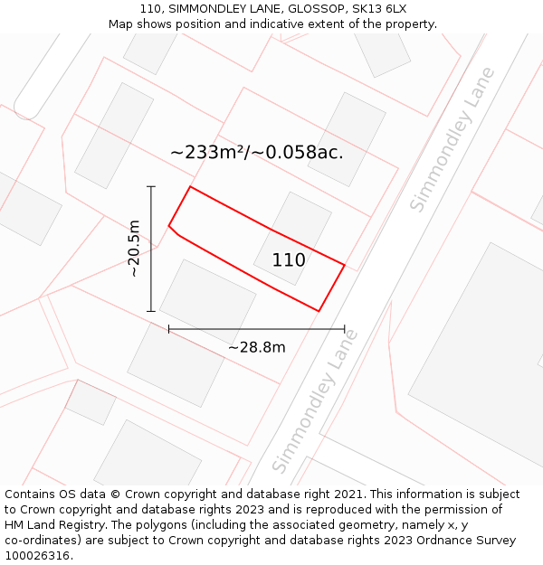 110, SIMMONDLEY LANE, GLOSSOP, SK13 6LX: Plot and title map