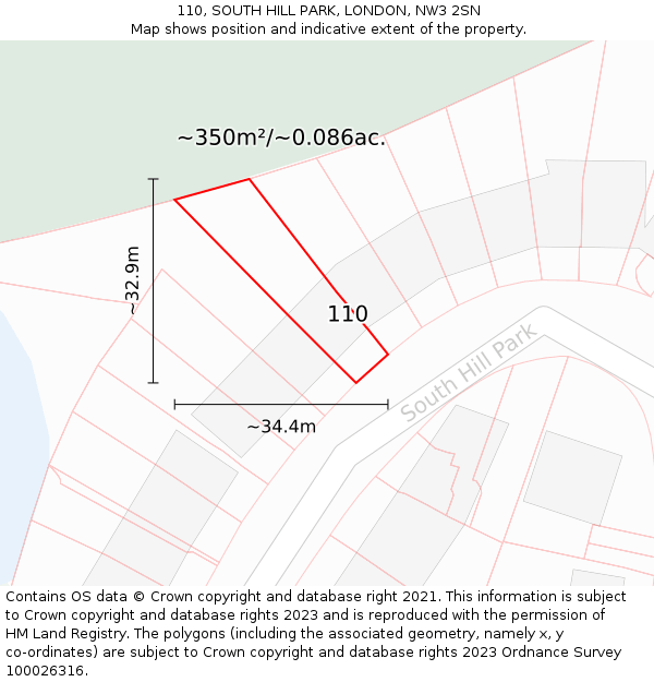 110, SOUTH HILL PARK, LONDON, NW3 2SN: Plot and title map