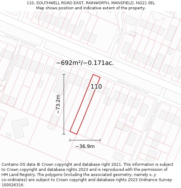 110, SOUTHWELL ROAD EAST, RAINWORTH, MANSFIELD, NG21 0EL: Plot and title map