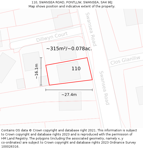 110, SWANSEA ROAD, PONTLLIW, SWANSEA, SA4 9EJ: Plot and title map