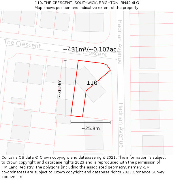 110, THE CRESCENT, SOUTHWICK, BRIGHTON, BN42 4LG: Plot and title map