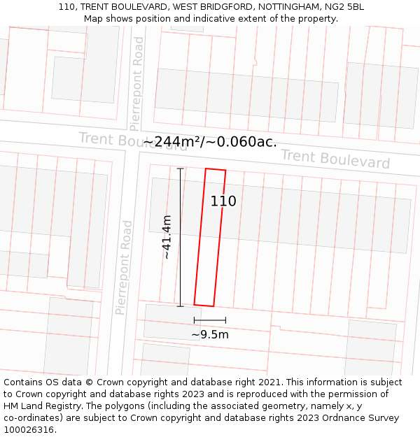 110, TRENT BOULEVARD, WEST BRIDGFORD, NOTTINGHAM, NG2 5BL: Plot and title map