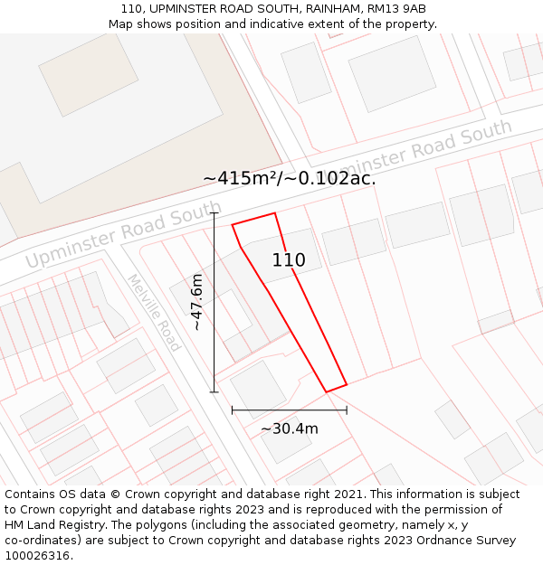 110, UPMINSTER ROAD SOUTH, RAINHAM, RM13 9AB: Plot and title map