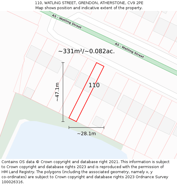 110, WATLING STREET, GRENDON, ATHERSTONE, CV9 2PE: Plot and title map