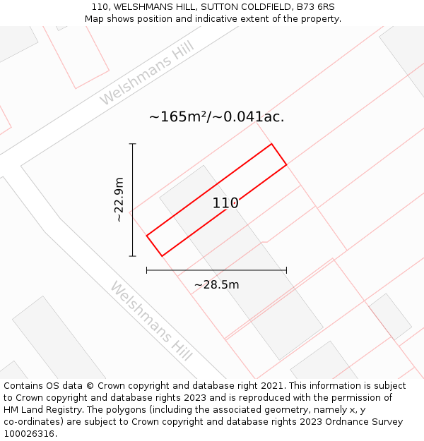 110, WELSHMANS HILL, SUTTON COLDFIELD, B73 6RS: Plot and title map