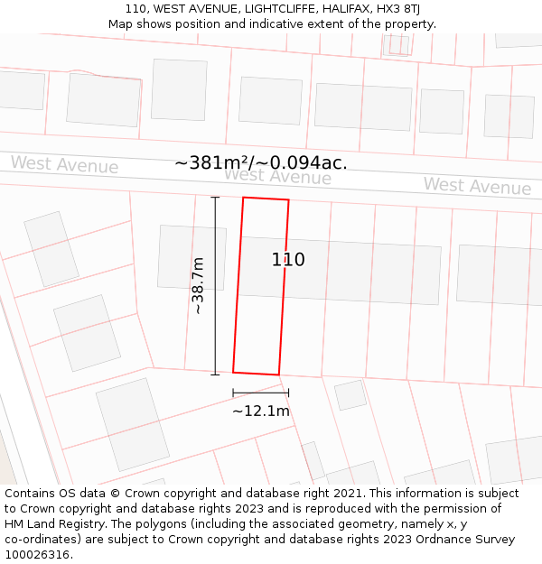 110, WEST AVENUE, LIGHTCLIFFE, HALIFAX, HX3 8TJ: Plot and title map