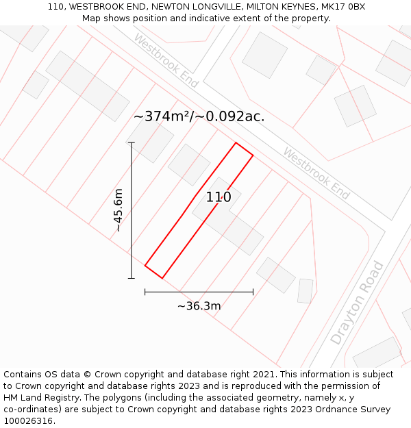 110, WESTBROOK END, NEWTON LONGVILLE, MILTON KEYNES, MK17 0BX: Plot and title map