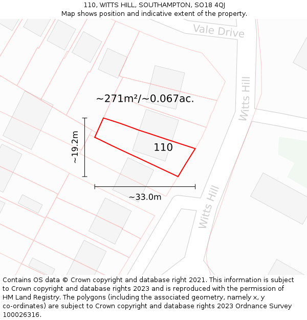 110, WITTS HILL, SOUTHAMPTON, SO18 4QJ: Plot and title map