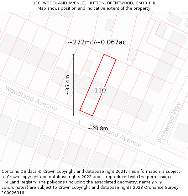 110, WOODLAND AVENUE, HUTTON, BRENTWOOD, CM13 1HL: Plot and title map