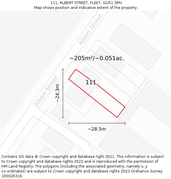 111, ALBERT STREET, FLEET, GU51 3RN: Plot and title map