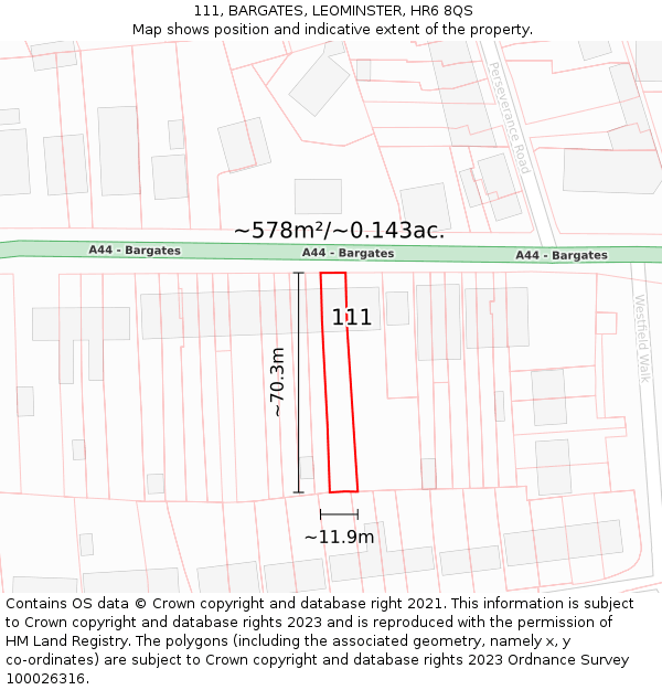 111, BARGATES, LEOMINSTER, HR6 8QS: Plot and title map