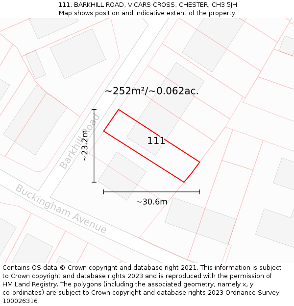 111, BARKHILL ROAD, VICARS CROSS, CHESTER, CH3 5JH: Plot and title map