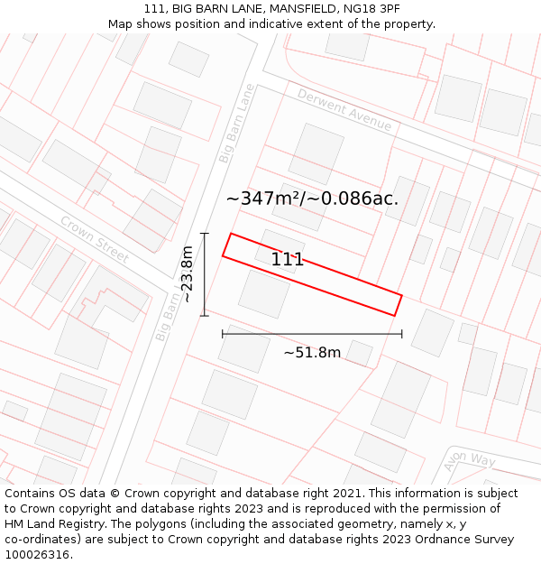 111, BIG BARN LANE, MANSFIELD, NG18 3PF: Plot and title map