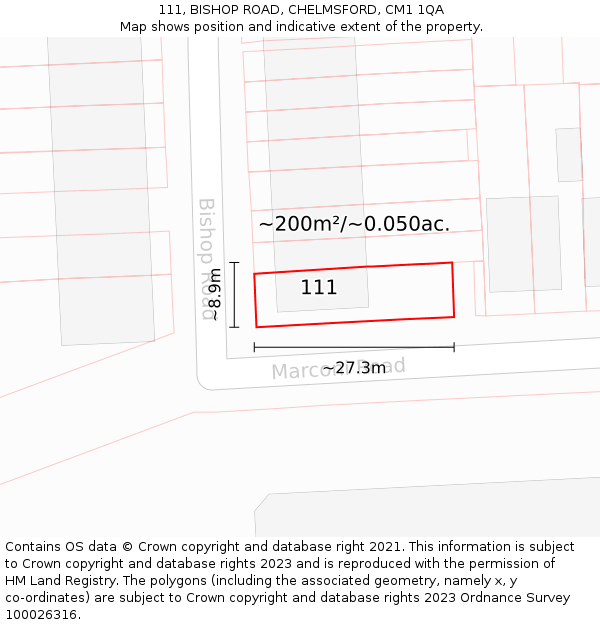 111, BISHOP ROAD, CHELMSFORD, CM1 1QA: Plot and title map