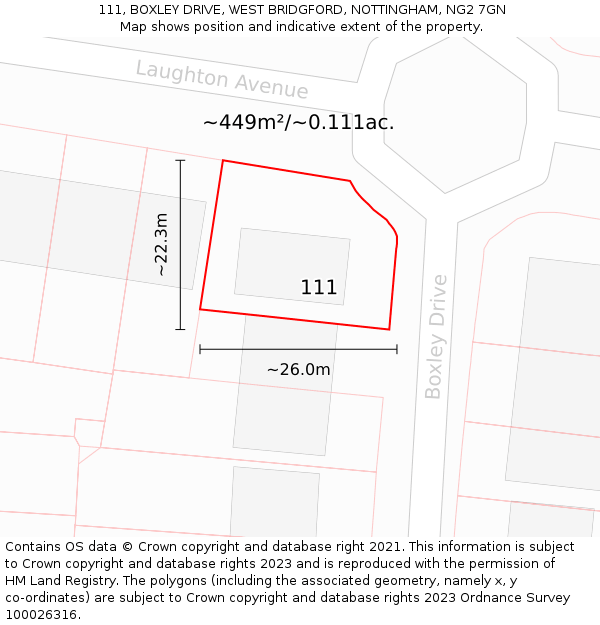 111, BOXLEY DRIVE, WEST BRIDGFORD, NOTTINGHAM, NG2 7GN: Plot and title map