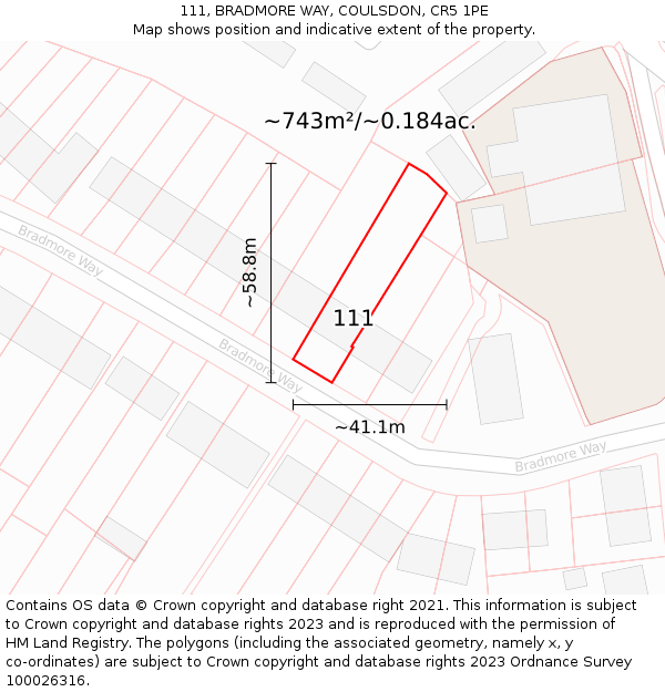 111, BRADMORE WAY, COULSDON, CR5 1PE: Plot and title map