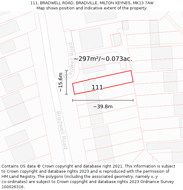 111, BRADWELL ROAD, BRADVILLE, MILTON KEYNES, MK13 7AW: Plot and title map