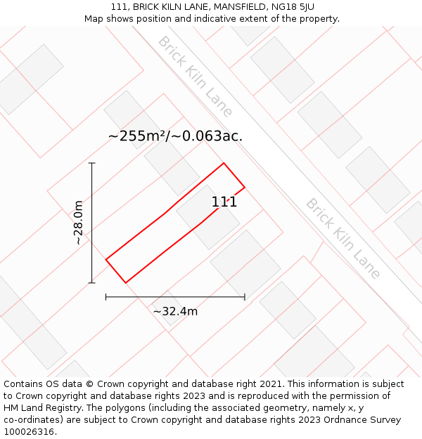 111, BRICK KILN LANE, MANSFIELD, NG18 5JU: Plot and title map