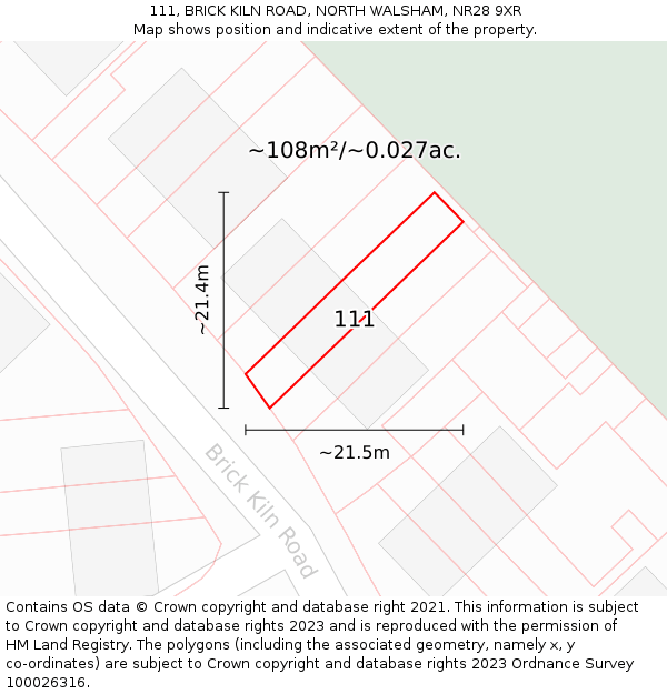 111, BRICK KILN ROAD, NORTH WALSHAM, NR28 9XR: Plot and title map