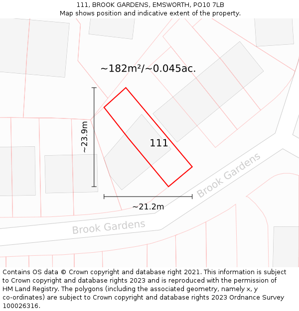 111, BROOK GARDENS, EMSWORTH, PO10 7LB: Plot and title map