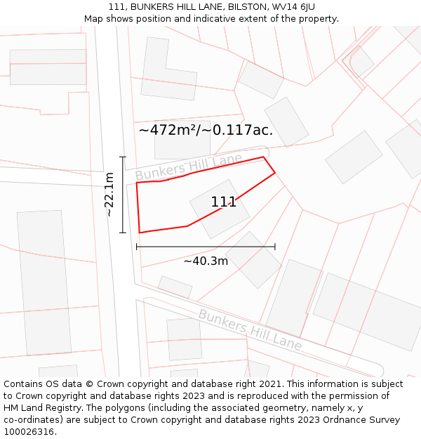 111, BUNKERS HILL LANE, BILSTON, WV14 6JU: Plot and title map