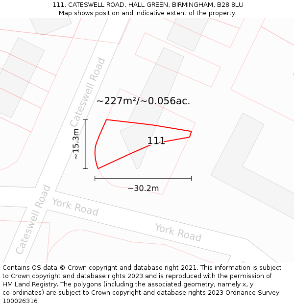 111, CATESWELL ROAD, HALL GREEN, BIRMINGHAM, B28 8LU: Plot and title map