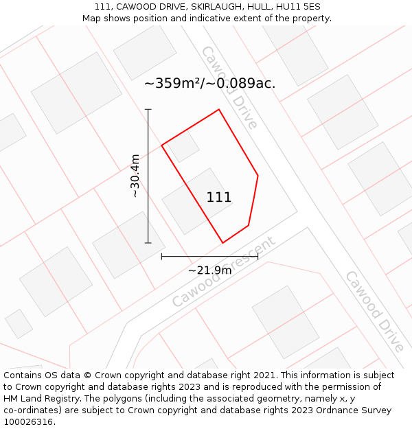 111, CAWOOD DRIVE, SKIRLAUGH, HULL, HU11 5ES: Plot and title map