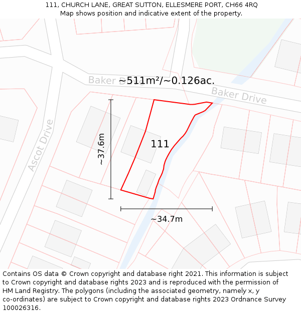 111, CHURCH LANE, GREAT SUTTON, ELLESMERE PORT, CH66 4RQ: Plot and title map