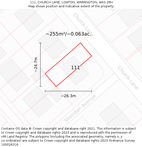 111, CHURCH LANE, LOWTON, WARRINGTON, WA3 2RH: Plot and title map