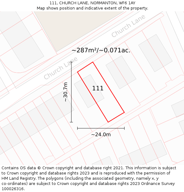 111, CHURCH LANE, NORMANTON, WF6 1AY: Plot and title map