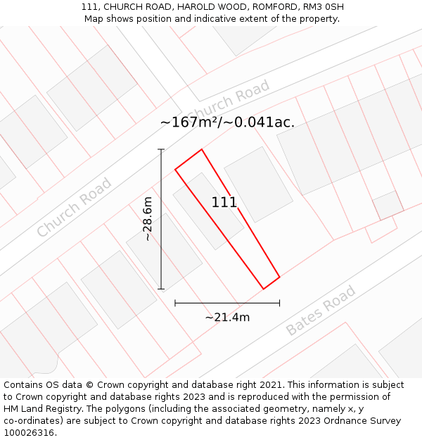 111, CHURCH ROAD, HAROLD WOOD, ROMFORD, RM3 0SH: Plot and title map