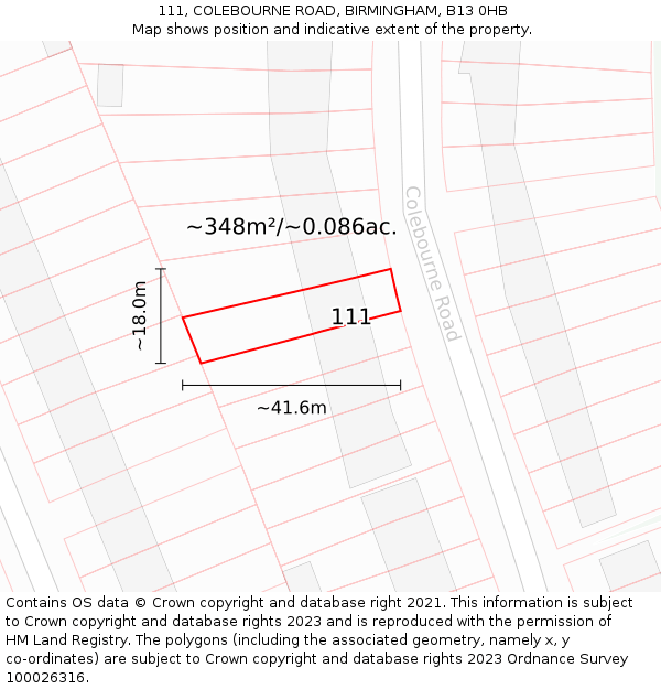 111, COLEBOURNE ROAD, BIRMINGHAM, B13 0HB: Plot and title map